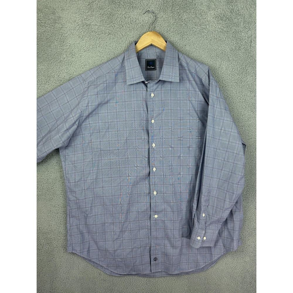 David Donahue Shirt Mens 18 34/35 Blue Gray Plaid Dress Button Front Cotton Mens